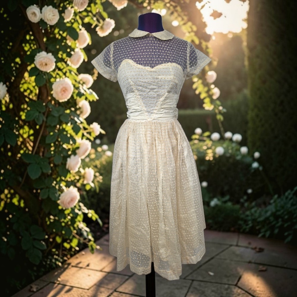 Vintage 50s Cream Swiss Dot Party Dress Sheer Yoke Peter Pan Collar Bow Back
